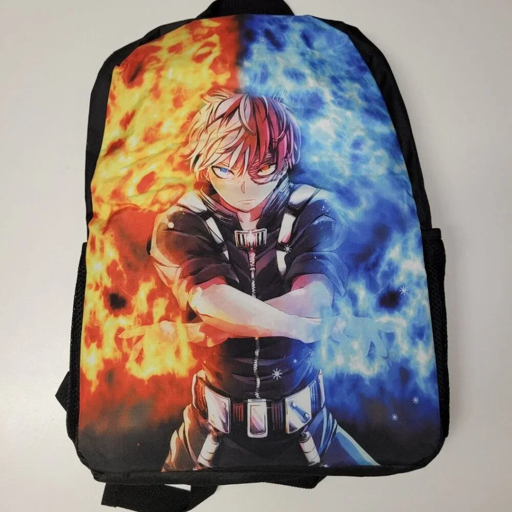 Anime Backpack Lunch Box Pencil Case Set Bag Strap 16 Inch Tall‎ Fire Ice Hero
